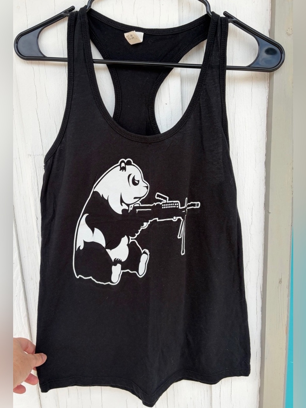 🇺🇸 Women’s size small Black Racerback Tank with Machine Gun Panda 🐼
